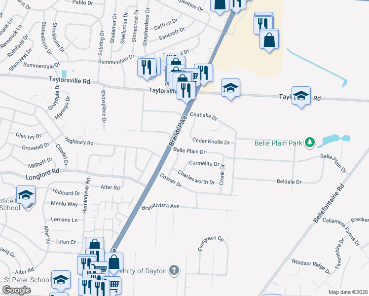 map of restaurants, bars, coffee shops, grocery stores, and more near 7220 Belle Plain Drive in Dayton