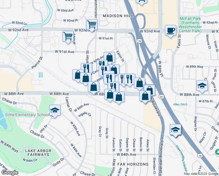 map of restaurants, bars, coffee shops, grocery stores, and more near 8860 Westminster Boulevard in Westminster