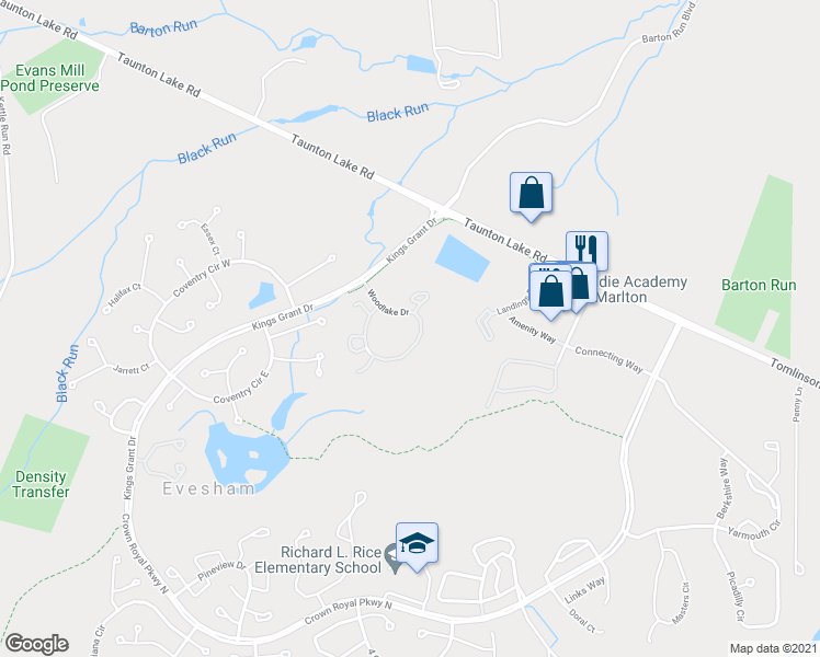 map of restaurants, bars, coffee shops, grocery stores, and more near 341 Woodlake Drive in Evesham Township
