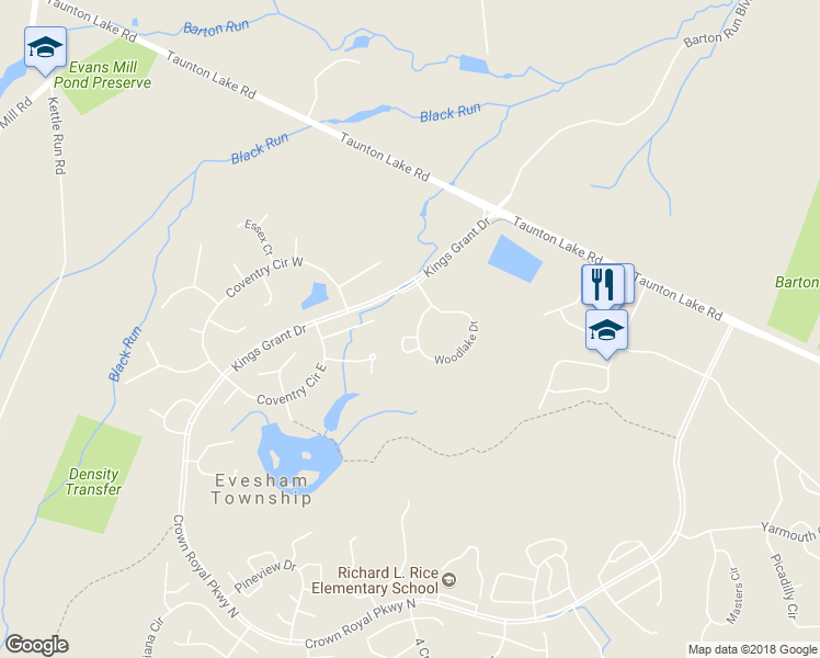 map of restaurants, bars, coffee shops, grocery stores, and more near 138 Woodlake Drive in Evesham