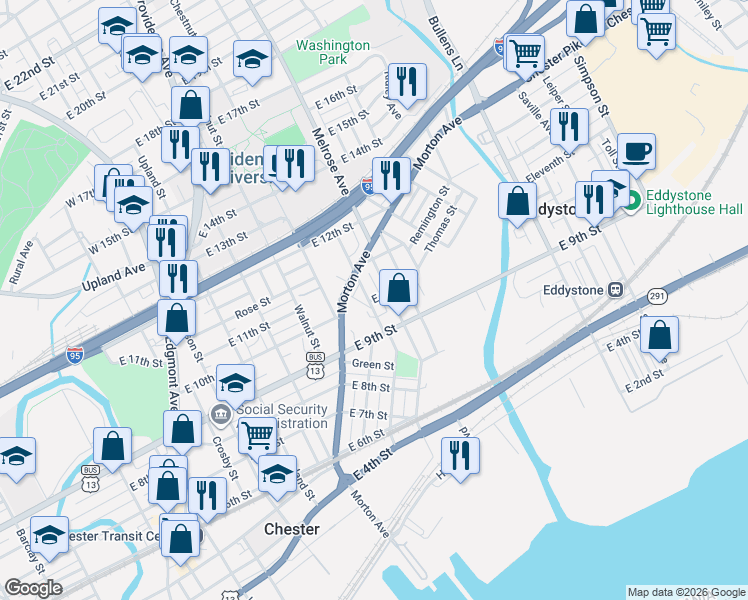 map of restaurants, bars, coffee shops, grocery stores, and more near 620-624 9th Street in Chester