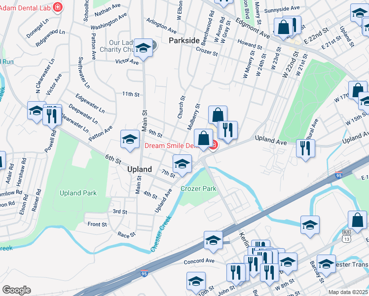 map of restaurants, bars, coffee shops, grocery stores, and more near in Upland