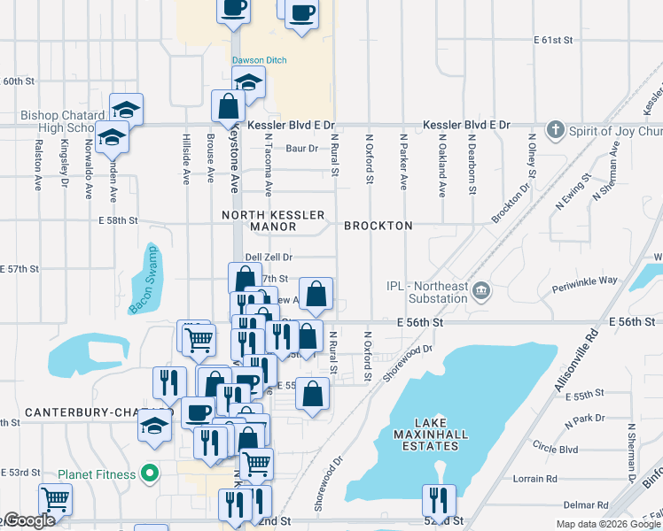 map of restaurants, bars, coffee shops, grocery stores, and more near 2727 East 57th Street in Indianapolis