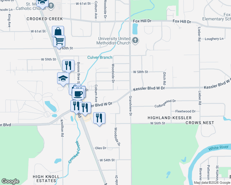 map of restaurants, bars, coffee shops, grocery stores, and more near 1640 Kessler Boulevard West Drive in Indianapolis