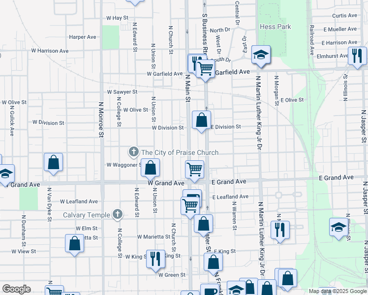 map of restaurants, bars, coffee shops, grocery stores, and more near 1500 North Main Street in Decatur