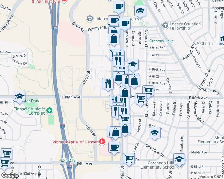 map of restaurants, bars, coffee shops, grocery stores, and more near 8800 Pearl Street in Thornton