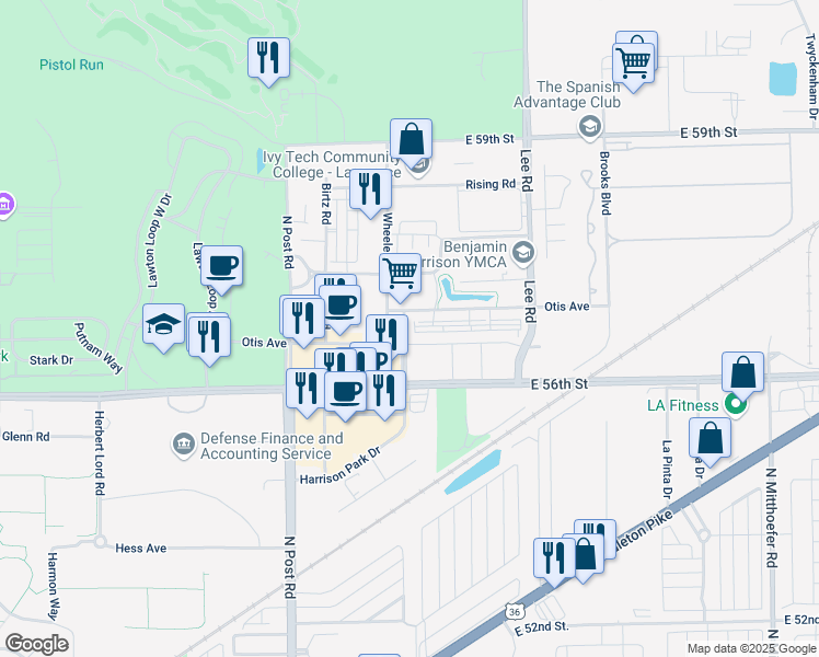 map of restaurants, bars, coffee shops, grocery stores, and more near 9310 Otis Avenue in Indianapolis