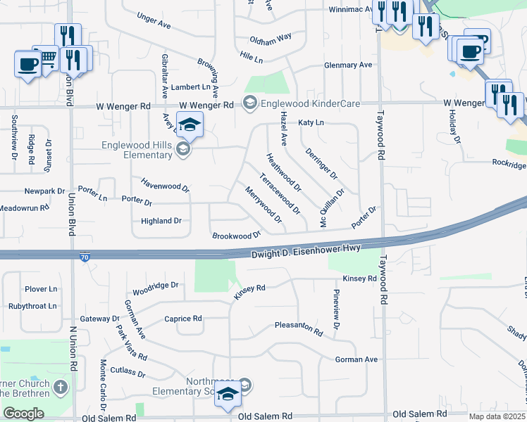 map of restaurants, bars, coffee shops, grocery stores, and more near 1018 Merrywood Drive in Englewood
