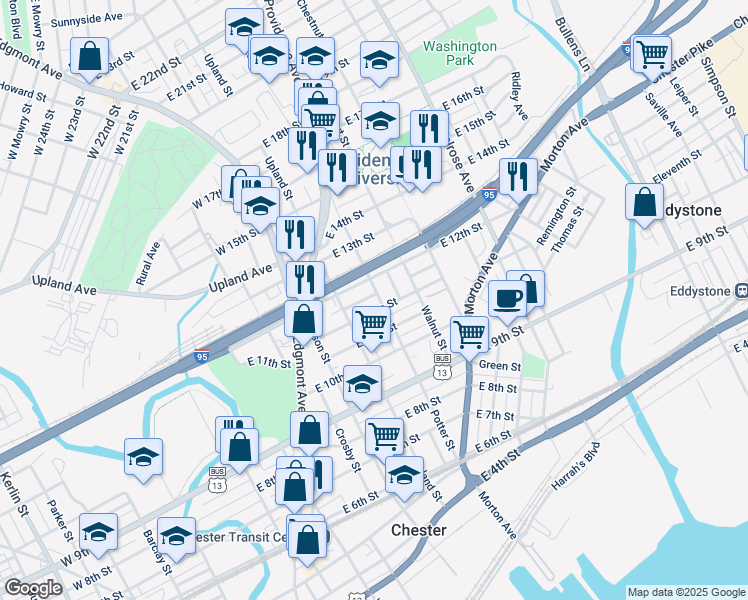 map of restaurants, bars, coffee shops, grocery stores, and more near 1130 Potter Street in Chester