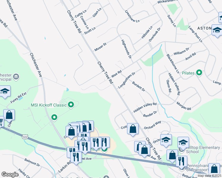 map of restaurants, bars, coffee shops, grocery stores, and more near 702 Carriage Circle in Aston