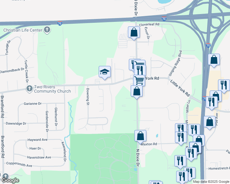 map of restaurants, bars, coffee shops, grocery stores, and more near 3686 Little York Road in Dayton