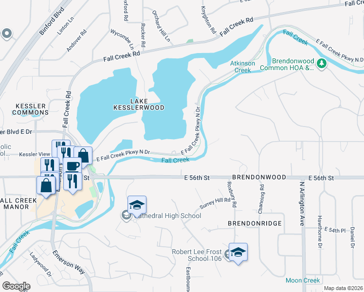 map of restaurants, bars, coffee shops, grocery stores, and more near 5716 East Fall Creek Parkway North Drive in Indianapolis
