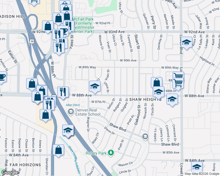 map of restaurants, bars, coffee shops, grocery stores, and more near 8834 Utica Street in Westminster