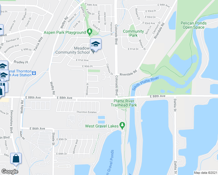 map of restaurants, bars, coffee shops, grocery stores, and more near 8813 Colorado Boulevard in Thornton