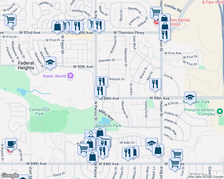 map of restaurants, bars, coffee shops, grocery stores, and more near 1353 West 88th Avenue in Thornton