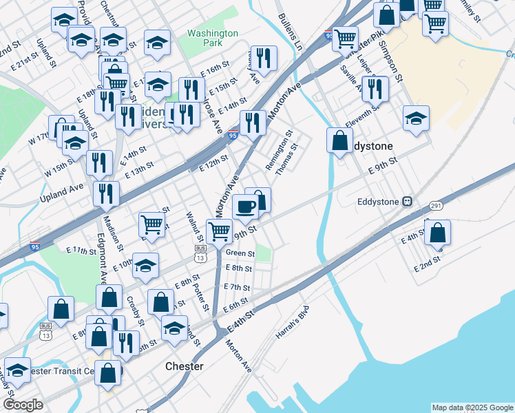map of restaurants, bars, coffee shops, grocery stores, and more near 800 9th Street in Chester
