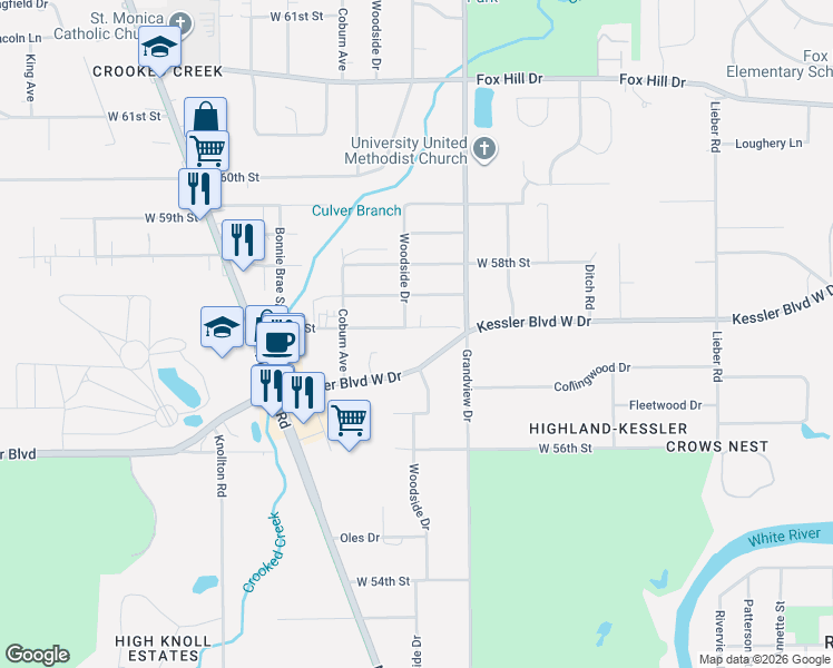 map of restaurants, bars, coffee shops, grocery stores, and more near 1640 Kessler Boulevard West Drive in Indianapolis