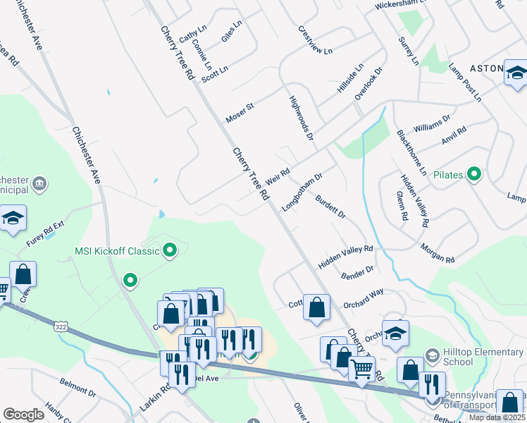 map of restaurants, bars, coffee shops, grocery stores, and more near 702 Carriage Circle in Aston