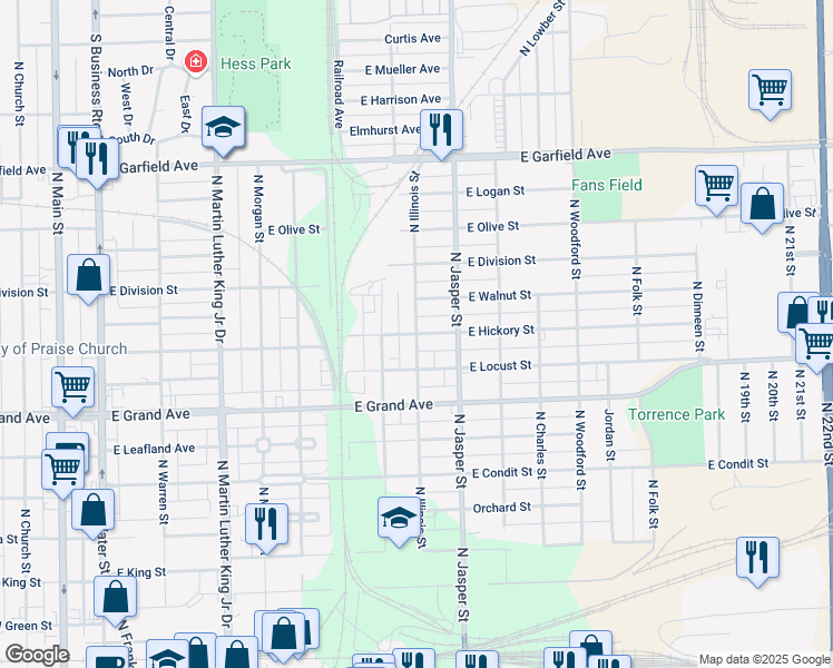 map of restaurants, bars, coffee shops, grocery stores, and more near 1501 North Illinois Street in Decatur