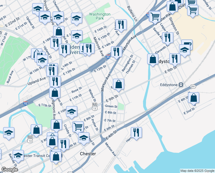 map of restaurants, bars, coffee shops, grocery stores, and more near 620-624 9th Street in Chester