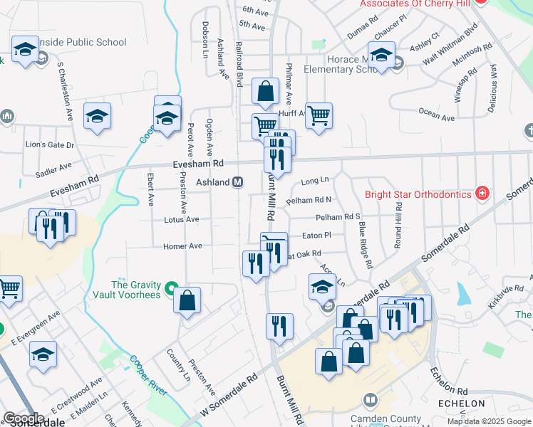 map of restaurants, bars, coffee shops, grocery stores, and more near 108 South Burnt Mill Road in Voorhees Township