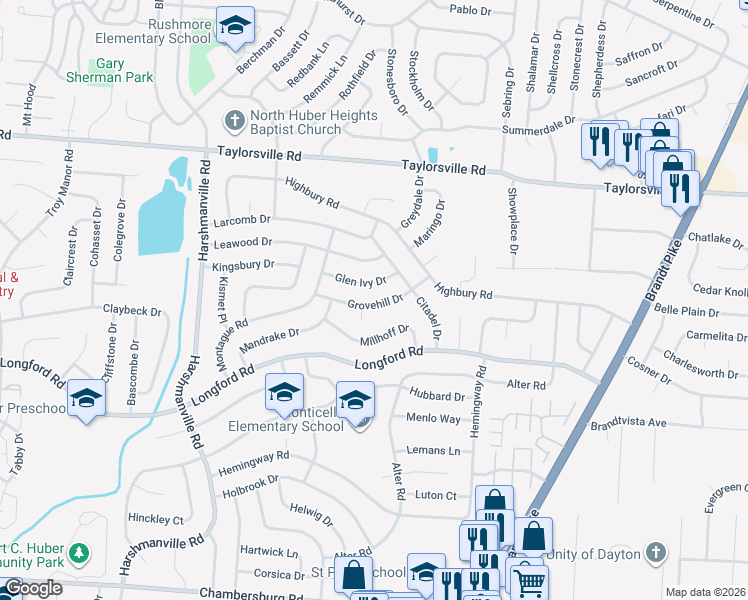 map of restaurants, bars, coffee shops, grocery stores, and more near 6605 Grovehill Drive in Dayton