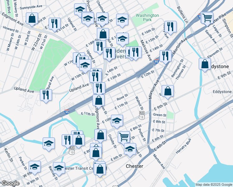map of restaurants, bars, coffee shops, grocery stores, and more near 424 Bickley Place in Chester