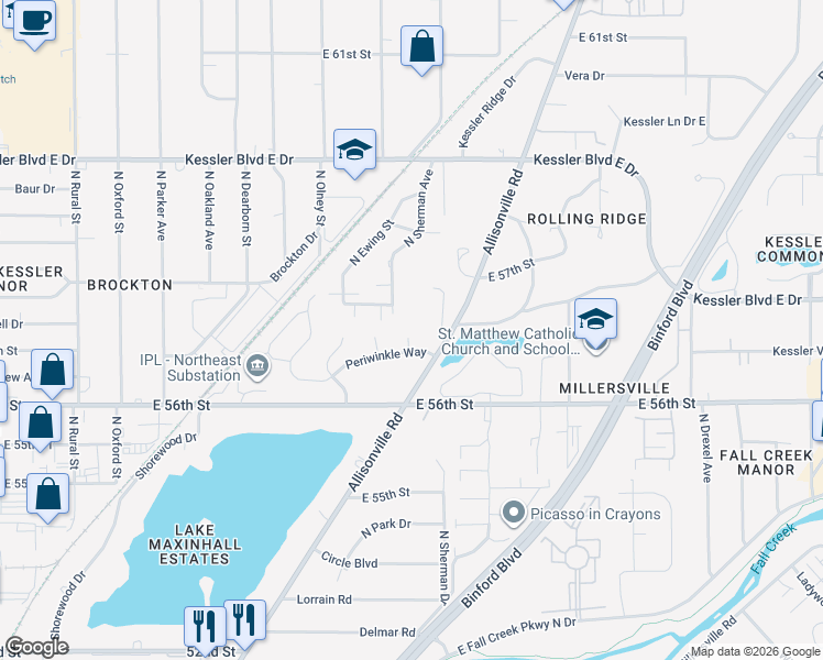map of restaurants, bars, coffee shops, grocery stores, and more near 5705 East Sherman Avenue in Indianapolis