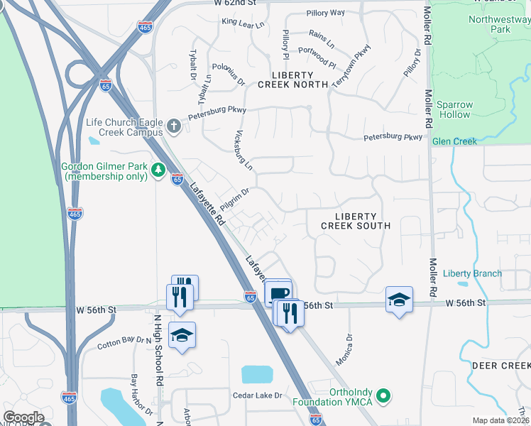 map of restaurants, bars, coffee shops, grocery stores, and more near 5813 Pilgrim Drive in Indianapolis