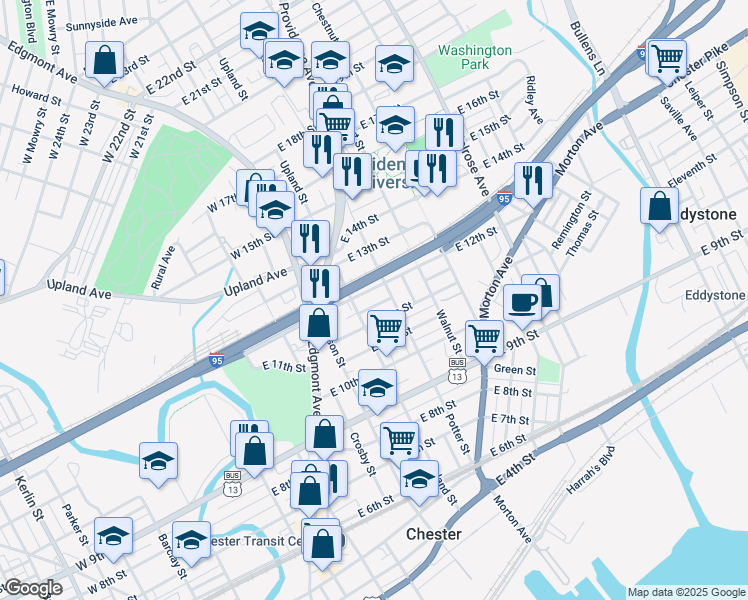 map of restaurants, bars, coffee shops, grocery stores, and more near 424 Bickley Place in Chester