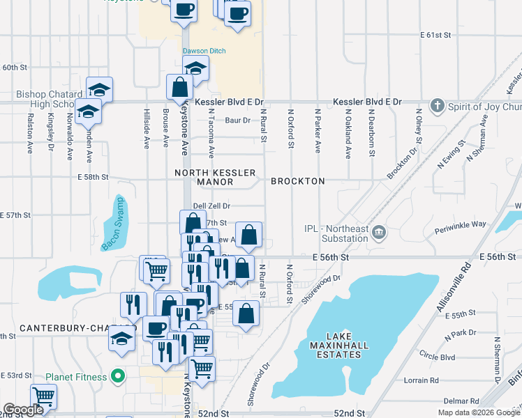 map of restaurants, bars, coffee shops, grocery stores, and more near 2709 East 58th Street in Indianapolis