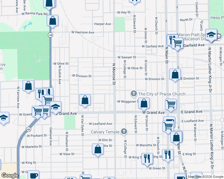 map of restaurants, bars, coffee shops, grocery stores, and more near 1548-1598 N Monroe St in Decatur
