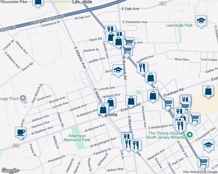 map of restaurants, bars, coffee shops, grocery stores, and more near 406 Camden Avenue in Magnolia