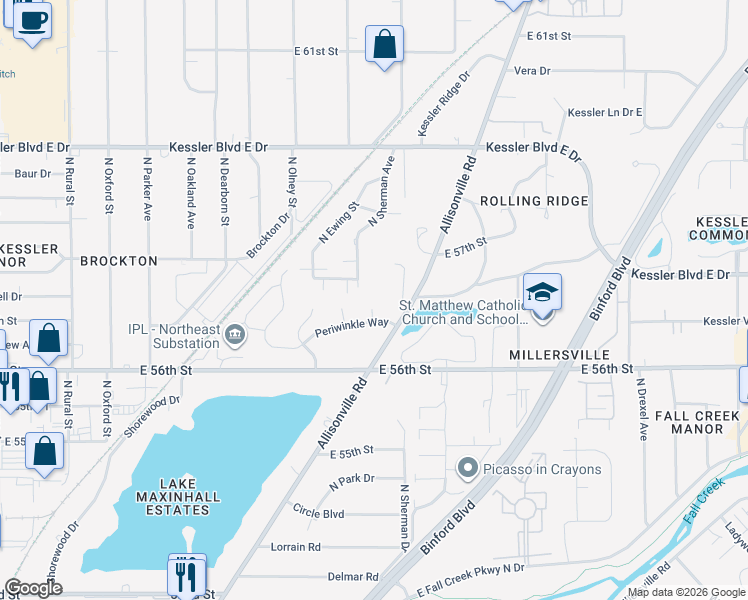 map of restaurants, bars, coffee shops, grocery stores, and more near 5705 East Sherman Avenue in Indianapolis