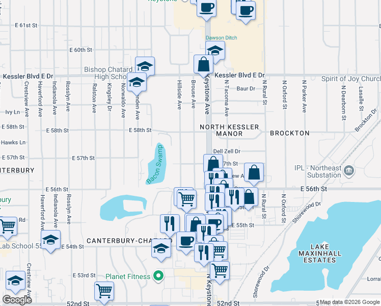 map of restaurants, bars, coffee shops, grocery stores, and more near 5758 Brouse Avenue in Indianapolis