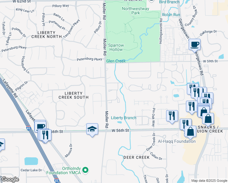 map of restaurants, bars, coffee shops, grocery stores, and more near 5760 Little Creek Drive in Indianapolis