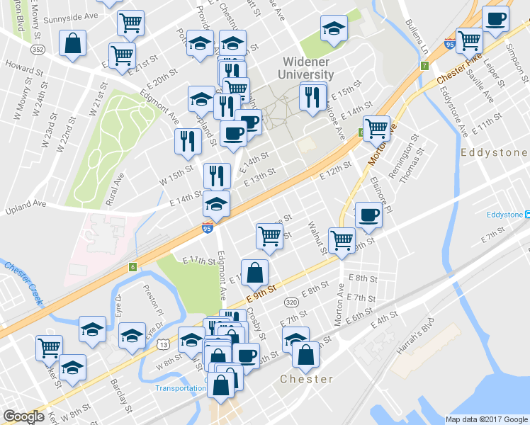 map of restaurants, bars, coffee shops, grocery stores, and more near 426 Bickley Place in Chester