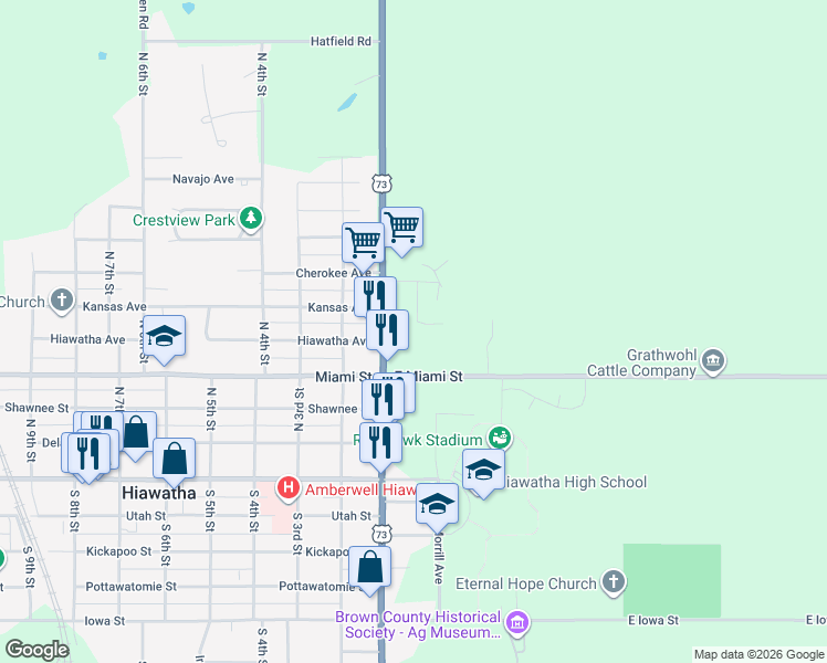 map of restaurants, bars, coffee shops, grocery stores, and more near 600 Ottawa Street in Hiawatha