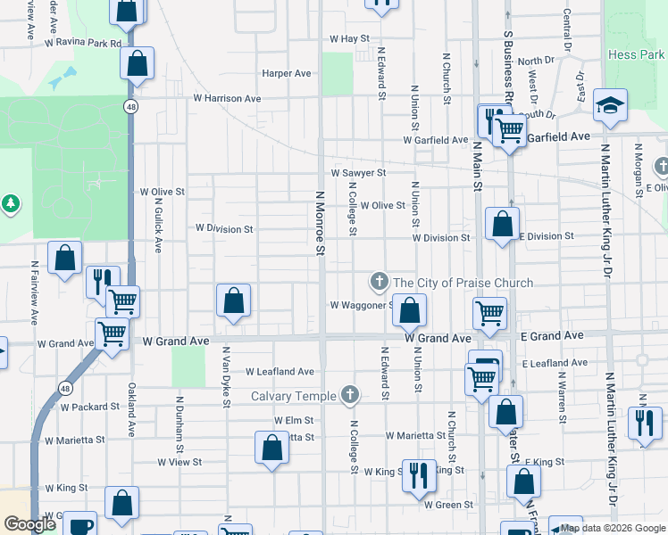 map of restaurants, bars, coffee shops, grocery stores, and more near 1548-1598 N Monroe St in Decatur