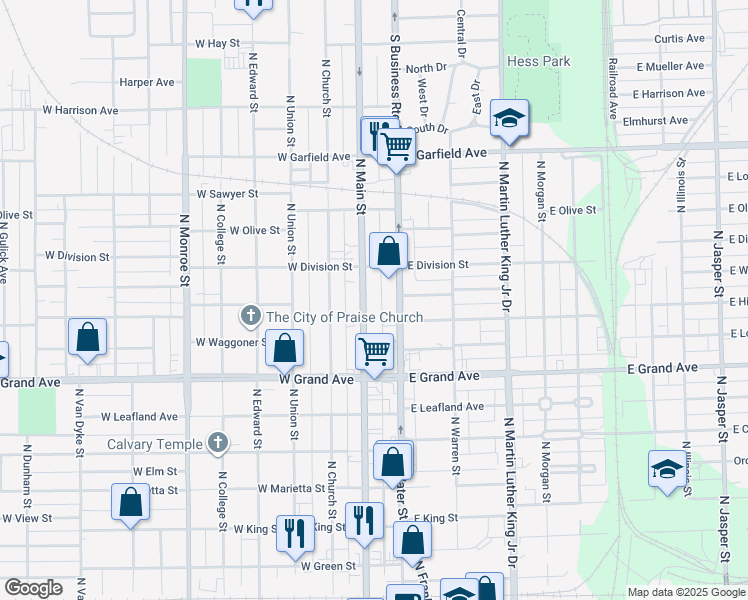 map of restaurants, bars, coffee shops, grocery stores, and more near 1562 North Main Street in Decatur