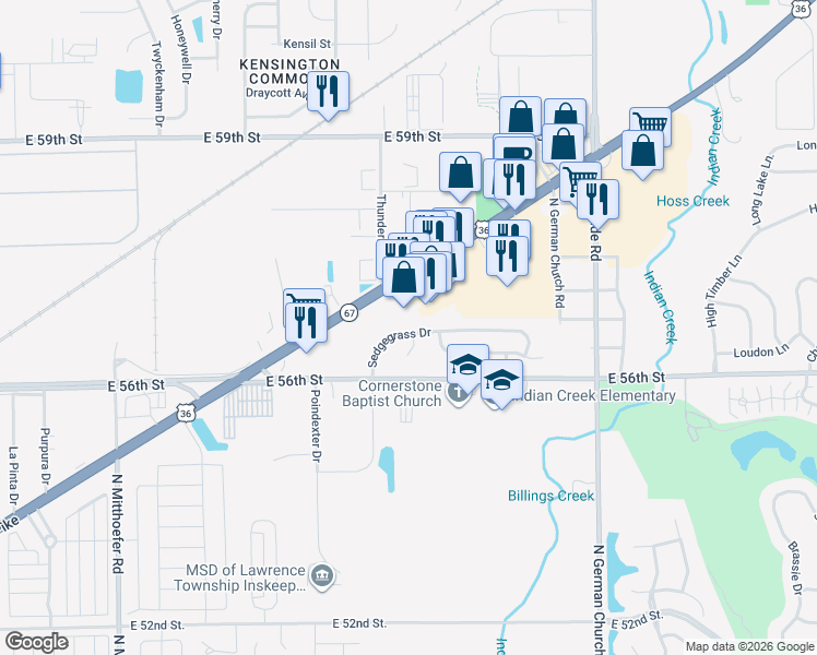 map of restaurants, bars, coffee shops, grocery stores, and more near 10568 Sedgegrass Drive in Indianapolis