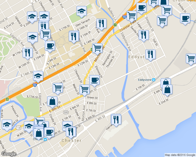 map of restaurants, bars, coffee shops, grocery stores, and more near 937 McDowell Avenue in Chester