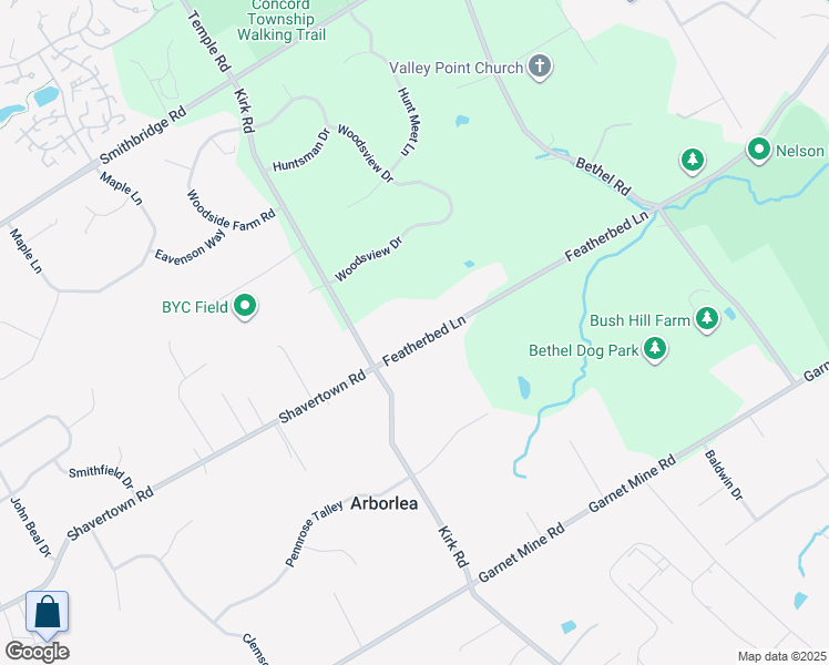 map of restaurants, bars, coffee shops, grocery stores, and more near 711 Featherbed Lane in Garnet Valley