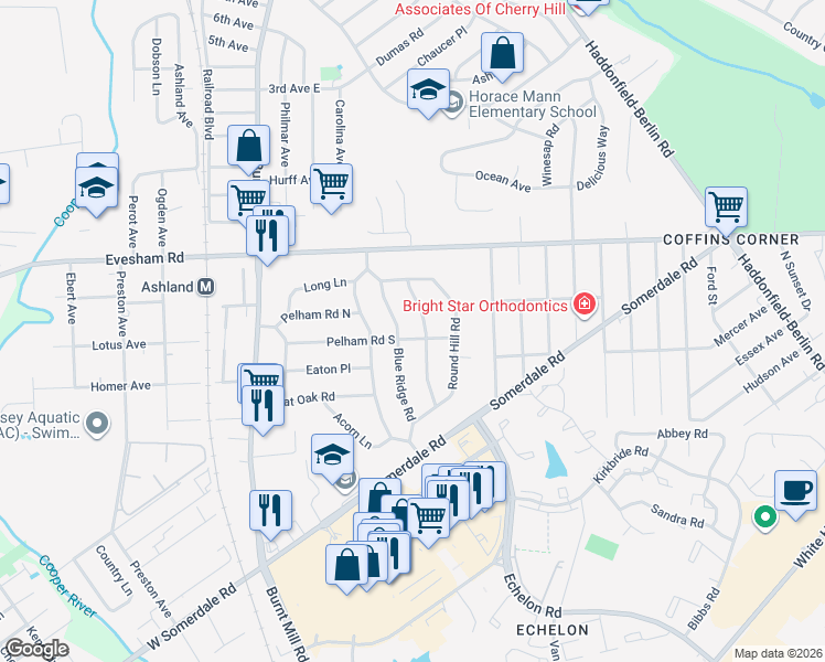 map of restaurants, bars, coffee shops, grocery stores, and more near 13 Blue Ridge Road in Voorhees Township