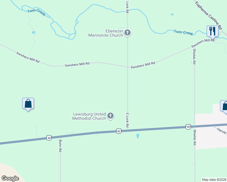 map of restaurants, bars, coffee shops, grocery stores, and more near 7337 East Lock Road in Lewisburg