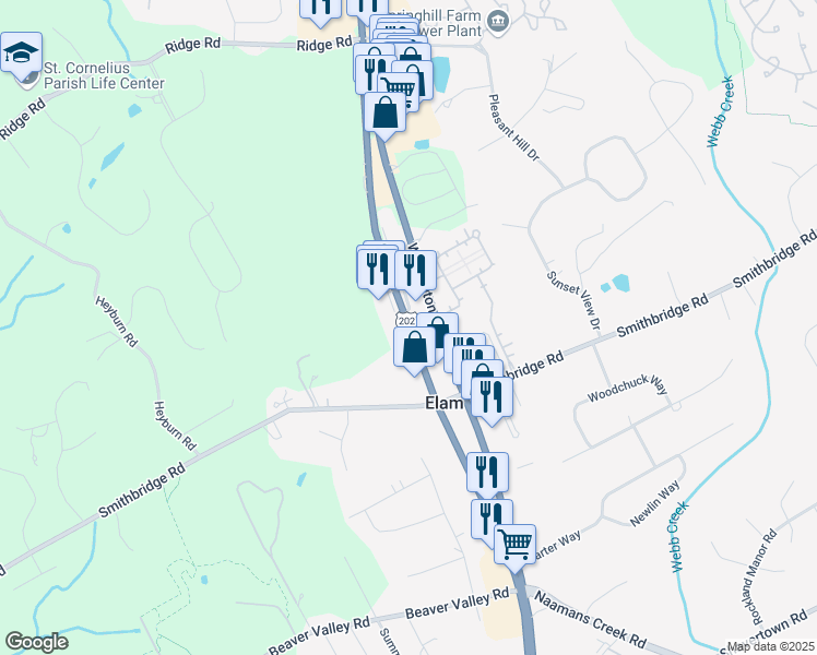 map of restaurants, bars, coffee shops, grocery stores, and more near Wilmington w Chester Pike in Chadds Ford