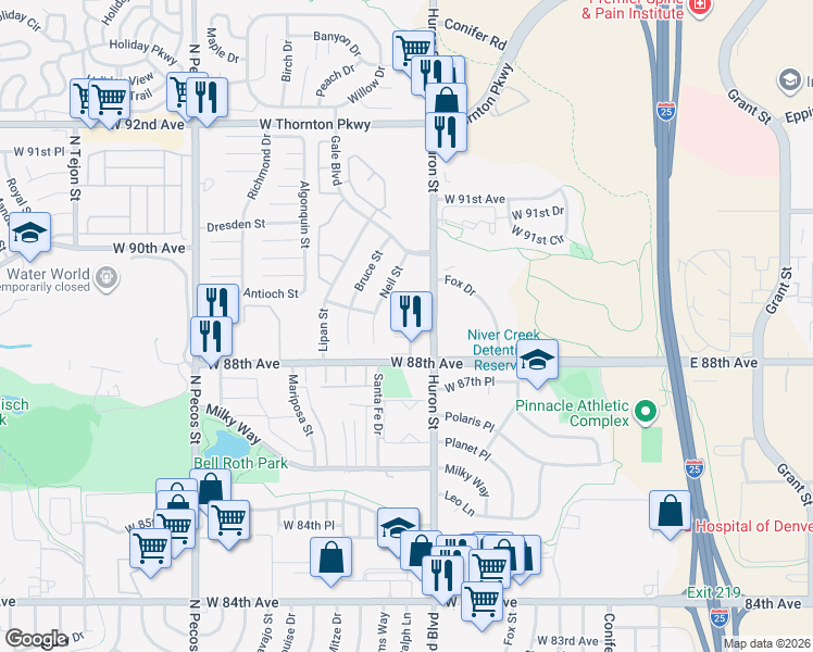 map of restaurants, bars, coffee shops, grocery stores, and more near 8931 Huron Street in Thornton