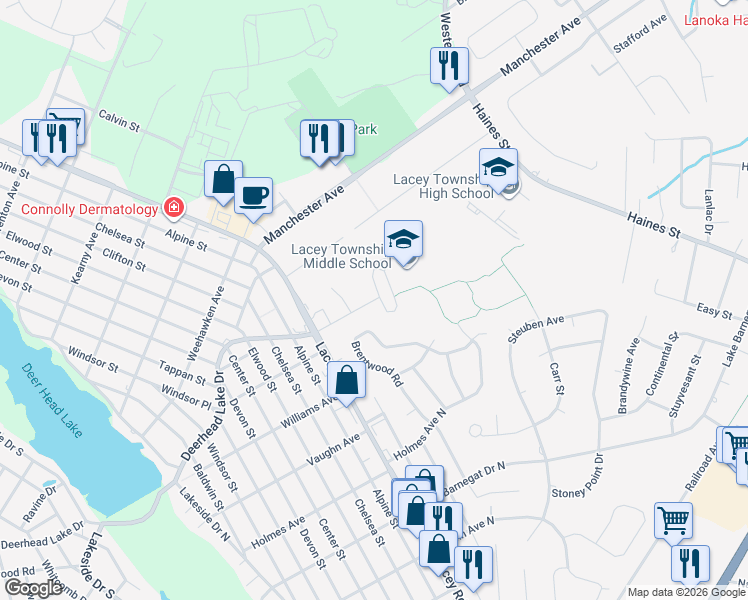 map of restaurants, bars, coffee shops, grocery stores, and more near 660 Denton Avenue in Lacey Township