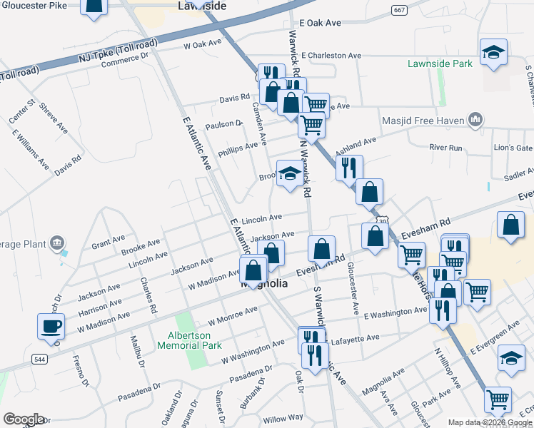 map of restaurants, bars, coffee shops, grocery stores, and more near 406 Camden Avenue in Magnolia