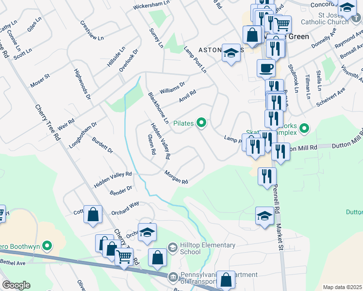 map of restaurants, bars, coffee shops, grocery stores, and more near 11 Morgan Road in Village Green